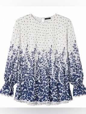 Focus White and Navy Botanical Pintuck Blouse - Size M / L